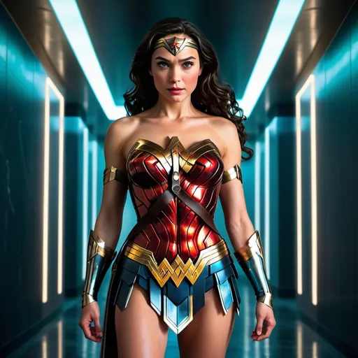 Prompt: Wonder Woman in a futuristic suit standing in a hallway with a neon light on her arm and a neon light on her chest, Everett Warner, synchromism, cinematic lighting + masterpiece, a marble sculpture