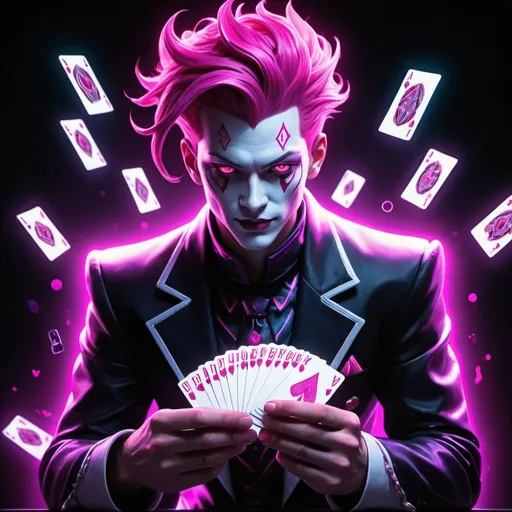 Prompt: Hisoka holding Playing Cards in his hand with neon lights on it and a black background with a pink neon light, Eddie Mendoza, altermodern, magic the gathering artwork, cyberpunk art