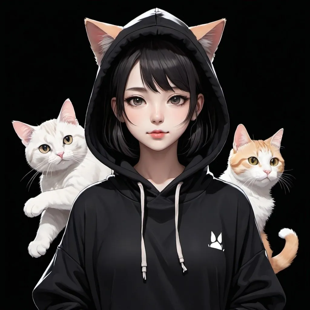 Prompt: a woman in a black outfit with a hoodie on and a cat on her shoulder, standing in front of a black background, Fan Qi, computer art, anime girl, an anime drawing