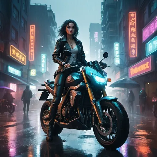 Prompt: a woman standing on a motorcycle in the rain in a city street with buildings and neon lights in the background, Aleksi Briclot, fantasy art, unreal 5, cyberpunk art