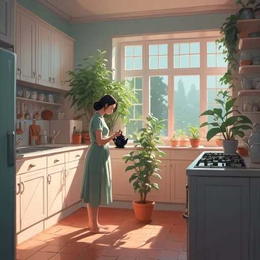 Prompt: a woman in a kitchen holding a teapot and looking at the ground with a plant in the background, Atey Ghailan, fantasy art, bright morning, a detailed drawing