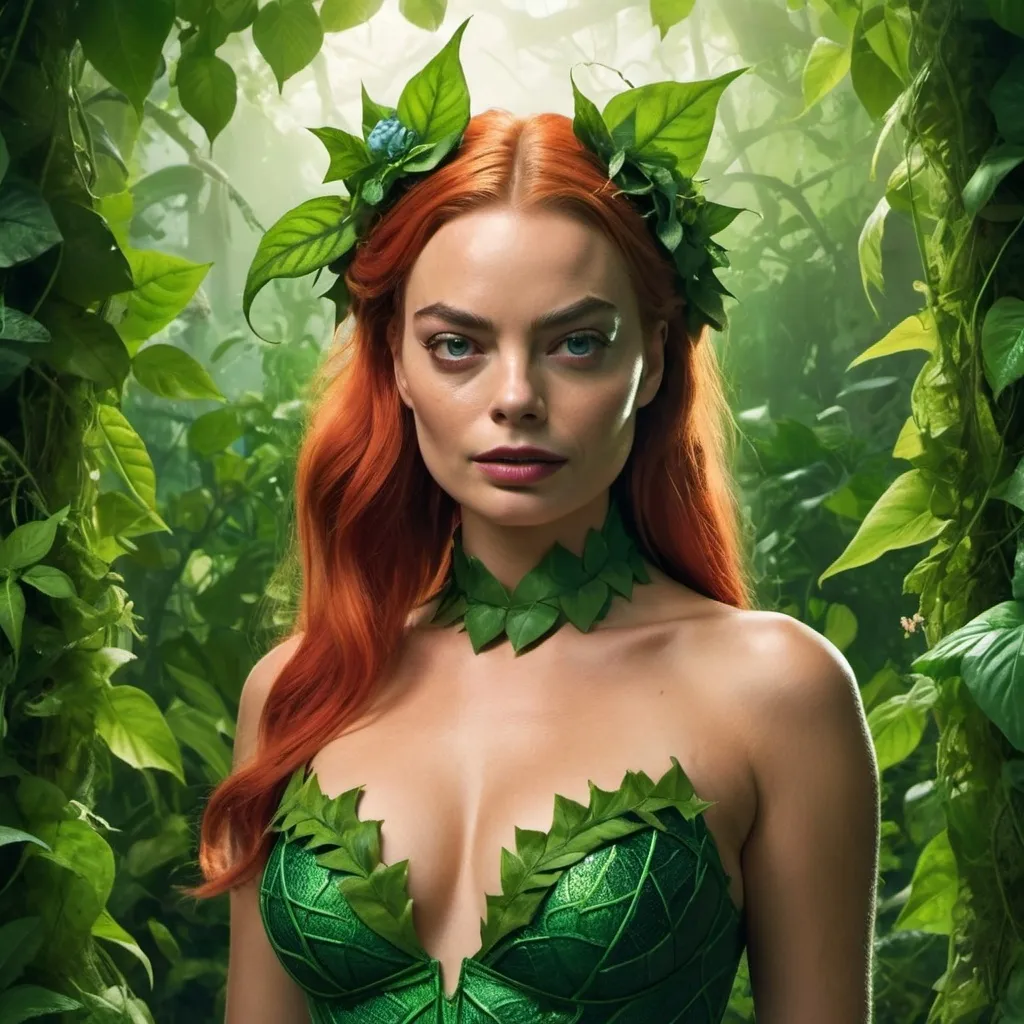 Prompt: Margot Robbie as Poison Ivy stands in a lush, overgrown garden filled with exotic plants and flowers. Dressed in an outfit made entirely of intertwined vines and leaves, her eyes shine with a mysterious green light. The environment around him is lively but also dangerous; the plants seem to respond to his every command. There's a quiet threat in his expression; Poison Ivy's dual nature as both a protector of nature and a formidable villain.
