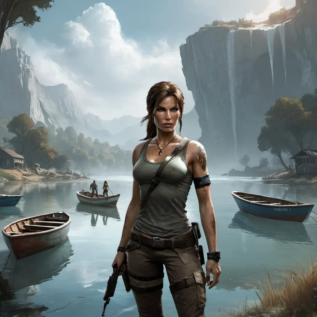 Prompt: Lara Croft standing in front of a lake with boats on it and a man standing next to her in the water, Aleksi Briclot, fantasy art, game art, computer graphics