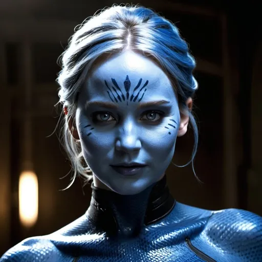 Prompt: Imagine Jennifer Lawrence as Mystique, her skin a vibrant blue with textured scales, and her eyes glowing a piercing yellow. She stands confidently, her shapeshifting abilities subtly hinted at as her form transitions between human and mutant. She is dressed in a sleek, form-fitting outfit that accentuates her agility and power. The background is a dark, industrial setting with dim lighting, casting dramatic shadows that highlight her presence. She exudes an aura of mystery and strength, perfectly embodying Mystique’s enigmatic and powerful nature.