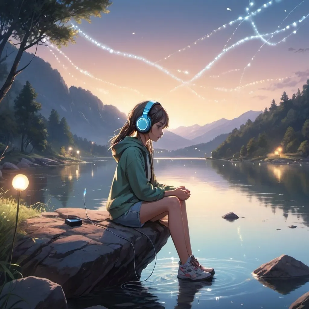 Prompt: a girl sitting on a rock with headphones on and a lake in the background with floating lights in the air, artist, computer art, anime art, a detailed painting