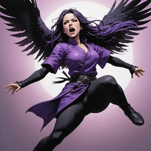 Prompt: Rachel Roth (Raven) in a purple outfit is flying through the air with her arms outstretched and legs spread out,, Baiōken Eishun, shock art, official art, a comic book panel