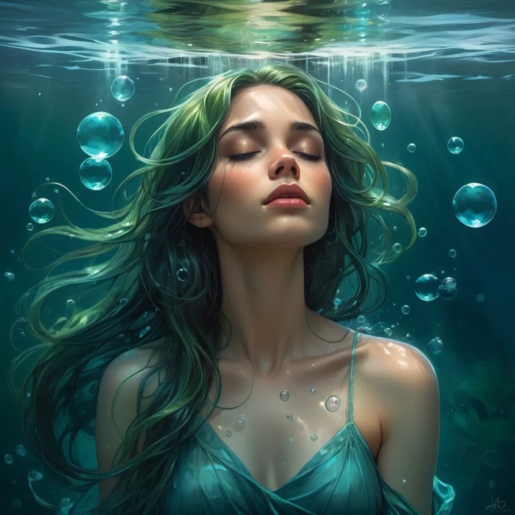 Prompt: a woman with long hair is submerged in water with bubbles and bubbles around her head, and her eyes are closed, Charlie Bowater, fantasy art, stanley artgerm lau, a detailed painting