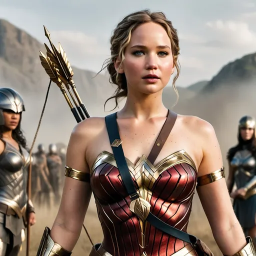 Prompt: Jennifer Lawrence as a superhero, reimagined as a fierce and graceful version of Wonder Woman, with her iconic armor and Lasso of Truth, standing confidently on a battlefield. Her armor is intricately designed with gold accents, and her expression exudes strength and compassion, ready to defend justice