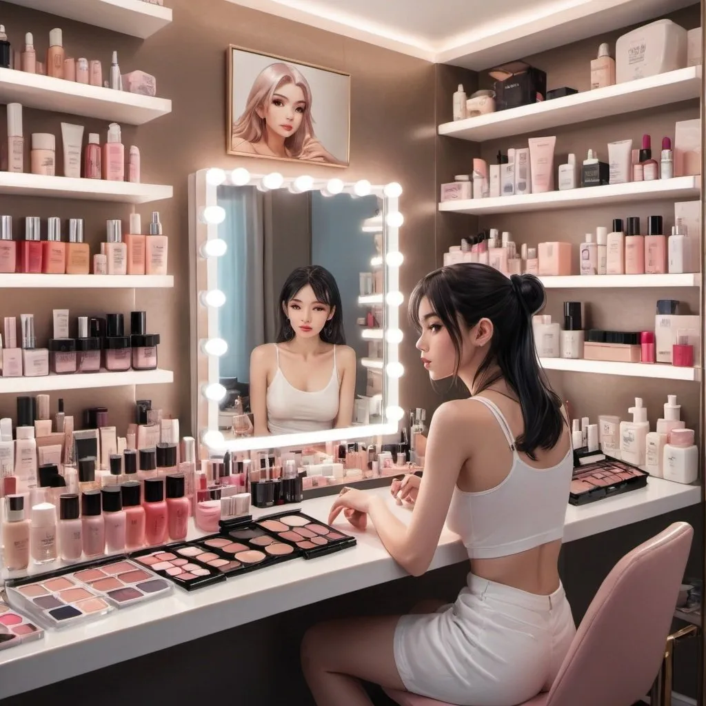 Prompt: a woman sitting at a table with a lot of cosmetics on it's counter top in a room with shelves and a mirror, Artgerm, remodernism, soft lighting, an anime drawing