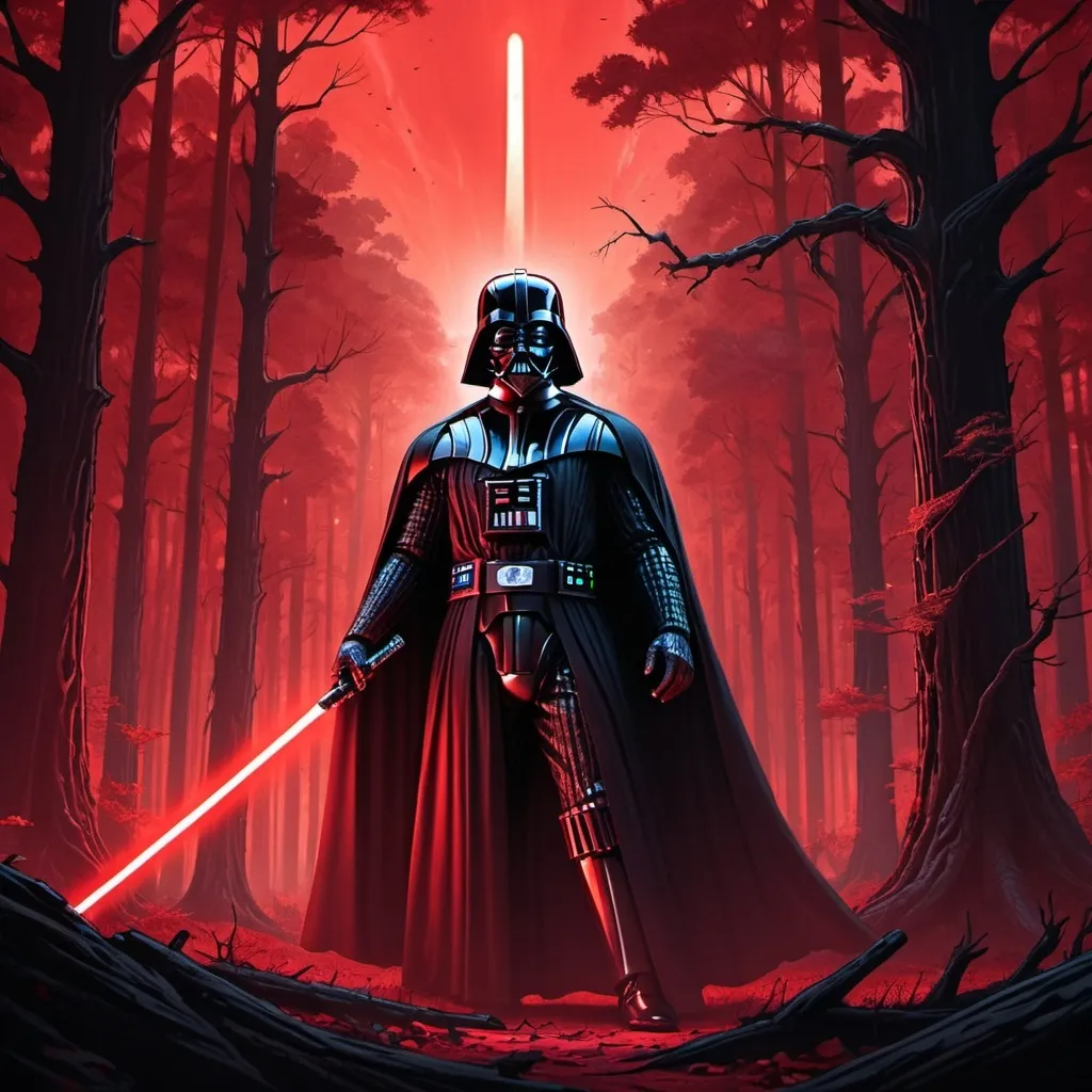 Prompt: darth vader in a red forest holding a sword with a red background and a red sky behind him,, Dan Mumford, sots art, star wars, concept art