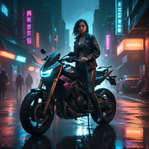 Prompt: a woman standing on a motorcycle in the rain in a city street with buildings and neon lights in the background, Aleksi Briclot, fantasy art, unreal 5, cyberpunk art