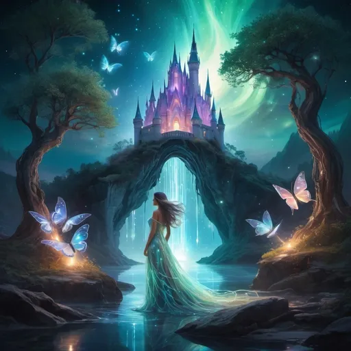 Prompt: Imagine a mystical woman standing in an enchanting fantasy world. She is dressed in an ethereal gown made of shimmering, iridescent fabric that glows softly in the moonlight. Her hair cascades in waves, adorned with delicate, glowing crystals. The world around her is a breathtaking blend of nature and magic: towering, bioluminescent trees with twisting, luminous roots; floating islands in the sky connected by glowing bridges of light; and a crystal-clear river that winds through the landscape, reflecting the starlit sky. Strange and beautiful creatures—such as glowing butterflies, ethereal foxes, and birds with iridescent feathers—move gracefully around her. In the distance, an ancient, mystical castle made of crystal and stone rises above the landscape, surrounded by swirling, colorful auroras that light up the sky. The atmosphere is serene yet filled with the promise of magic and adventure