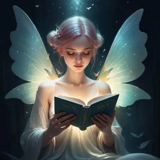 Prompt: a woman with a book in her hands and a fairy wings on her back, reading a book in a dark room, Anna Dittmann, fantasy art, rossdraws global illumination, a storybook illustration