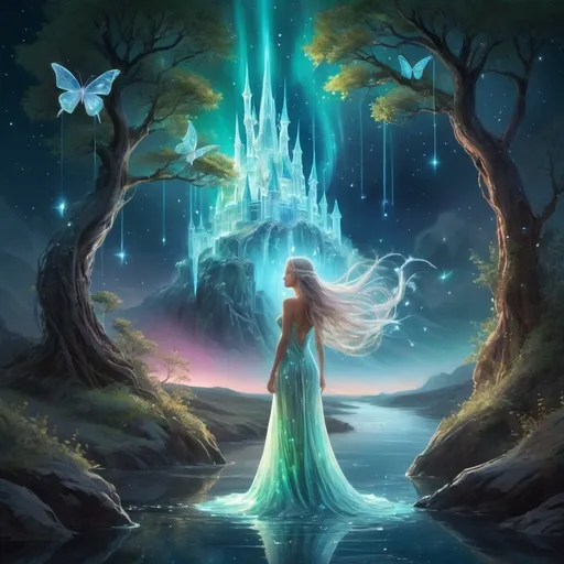 Prompt: Imagine a mystical woman standing in an enchanting fantasy world. She is dressed in an ethereal gown made of shimmering, iridescent fabric that glows softly in the moonlight. Her hair cascades in waves, adorned with delicate, glowing crystals. The world around her is a breathtaking blend of nature and magic: towering, bioluminescent trees with twisting, luminous roots; floating islands in the sky connected by glowing bridges of light; and a crystal-clear river that winds through the landscape, reflecting the starlit sky. Strange and beautiful creatures—such as glowing butterflies, ethereal foxes, and birds with iridescent feathers—move gracefully around her. In the distance, an ancient, mystical castle made of crystal and stone rises above the landscape, surrounded by swirling, colorful auroras that light up the sky. The atmosphere is serene yet filled with the promise of magic and adventure