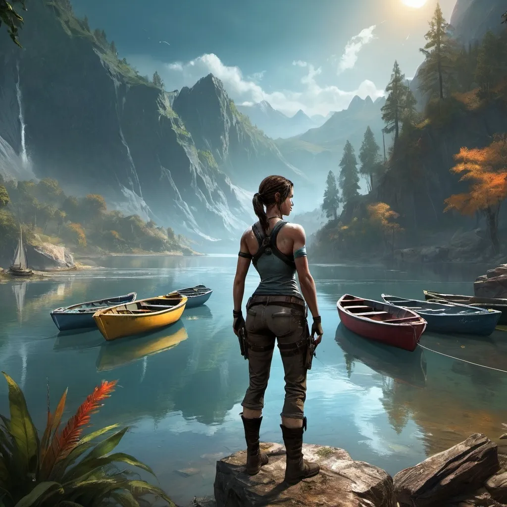 Prompt: Lara Croft standing in front of a lake with boats on it and a man standing next to her in the water, Aleksi Briclot, fantasy art, game art, computer graphics