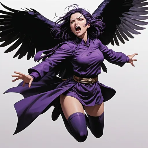 Prompt: Rachel Roth (Raven) in a purple outfit is flying through the air with her arms outstretched and legs spread out,, Baiōken Eishun, shock art, official art, a comic book panel