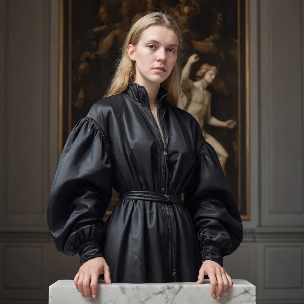 Prompt: a woman in a black open dress with a black jacket on her shoulders and a black jacket on her shoulders, Christen Købke, renaissance, fashion, a marble sculpture