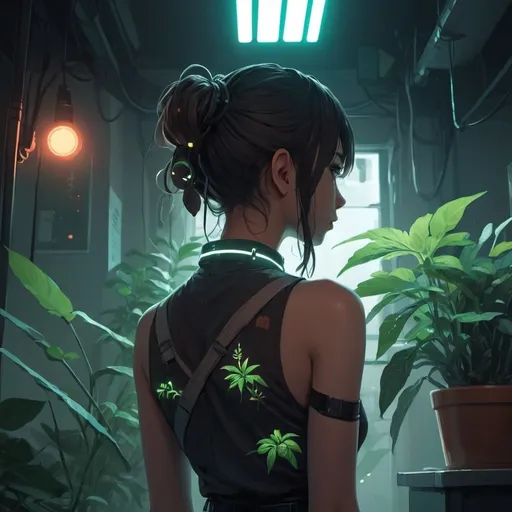 Prompt: a girl with a back turned to the camera with a back to the camera light on her head and a plant in front of her, Atey Ghailan, aestheticism, anime girl, cyberpunk art