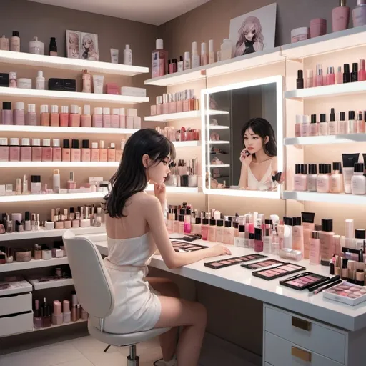 Prompt: a woman sitting at a table with a lot of cosmetics on it's counter top in a room with shelves and a mirror, Artgerm, remodernism, soft lighting, an anime drawing