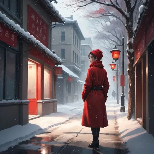 Prompt: a woman standing on a snowy street next to a building with a red scarf on her head and a red coat on, Fan Qi, computer art, anime art style, a detailed painting