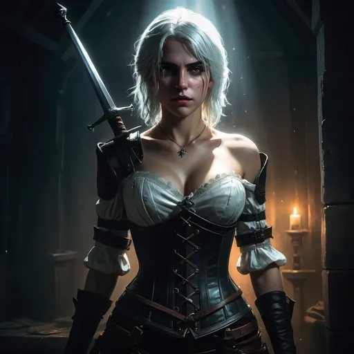 Prompt: the witcher ciri in a corset holding a sword in a dark room with a light coming from behind her, Aleksi Briclot, fantasy art, promotional image, concept art