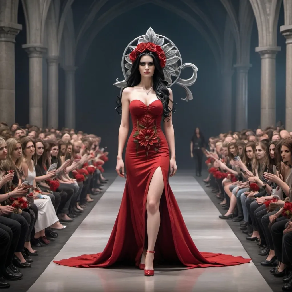 Prompt: a woman in a red dress with a flower in her hair and a flower in her hair, walking down a runway, Anne Stokes, gothic art, fullbody, a statue