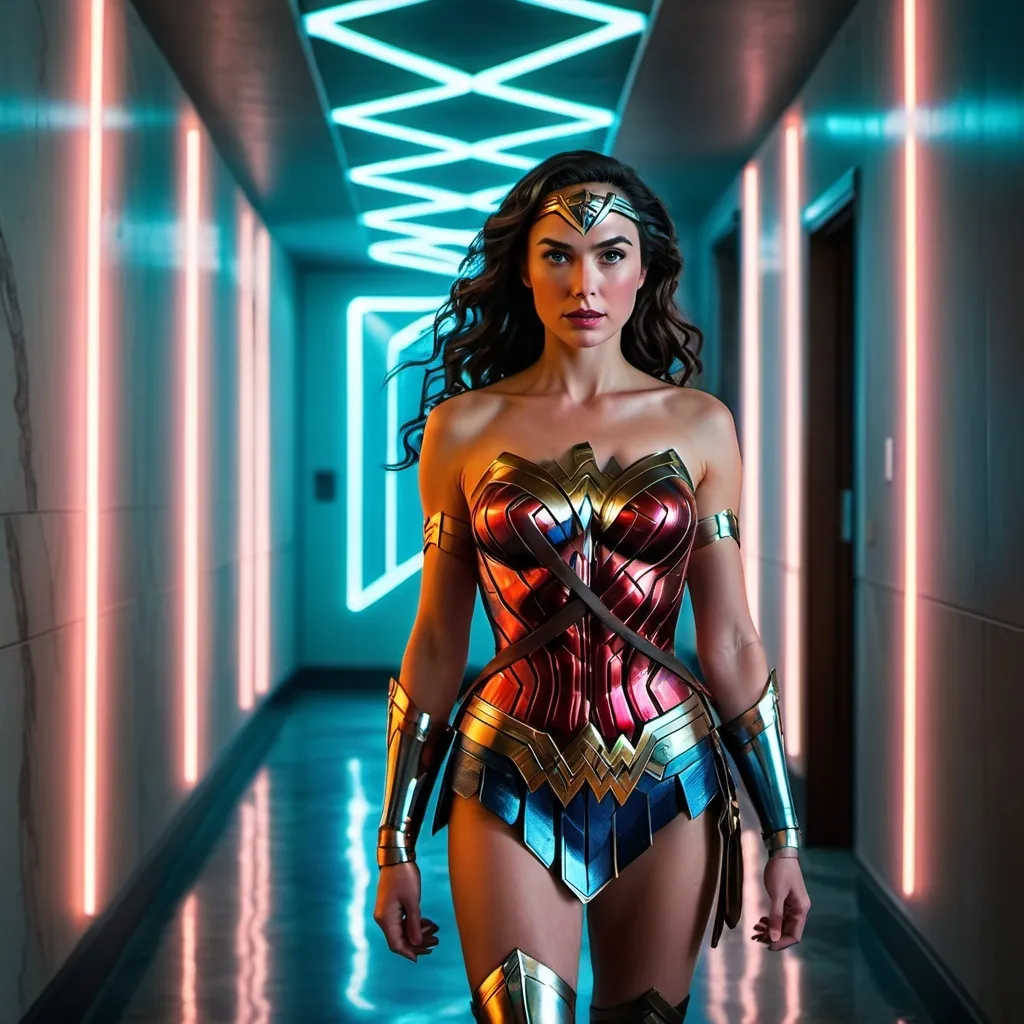 Prompt: Wonder Woman in a futuristic suit standing in a hallway with a neon light on her arm and a neon light on her chest, Everett Warner, synchromism, cinematic lighting + masterpiece, a marble sculpture