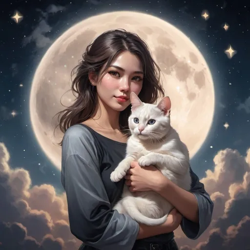 Prompt: a woman holding a cat in front of a moon and sky with stars and clouds in the background,, Artgerm, fantasy art, anime art, a photorealistic painting