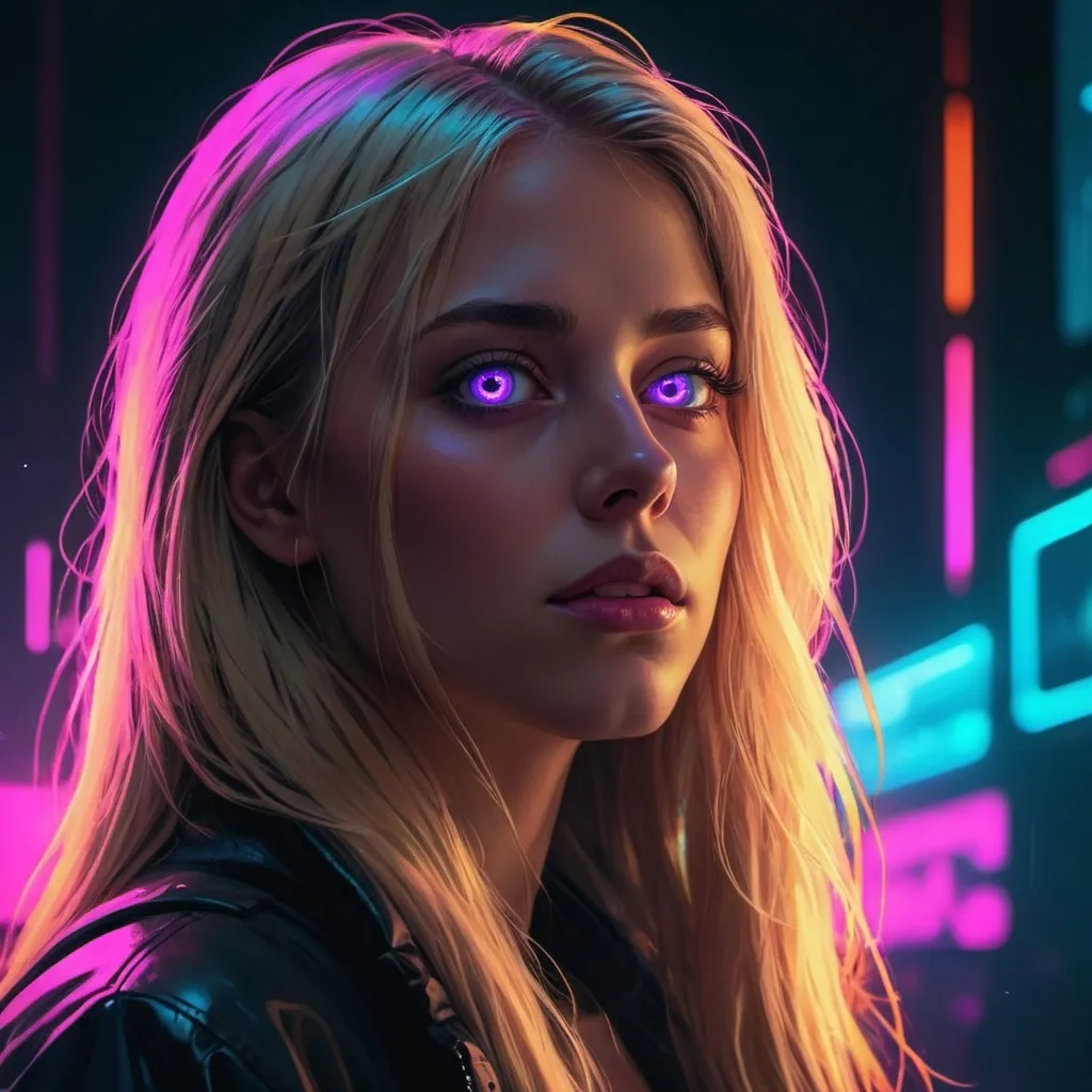 Prompt: a woman with long blonde hair and glowing eyes in a dark background with a neon light on her face, Alena Aenami, fantasy art, synthwave style, cyberpunk art