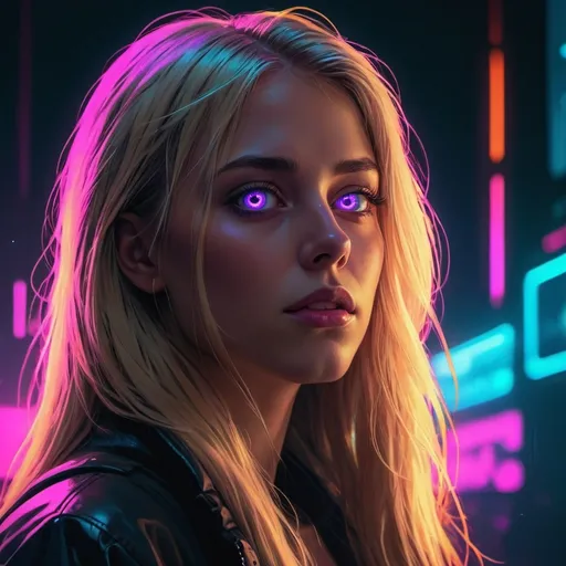 Prompt: a woman with long blonde hair and glowing eyes in a dark background with a neon light on her face, Alena Aenami, fantasy art, synthwave style, cyberpunk art