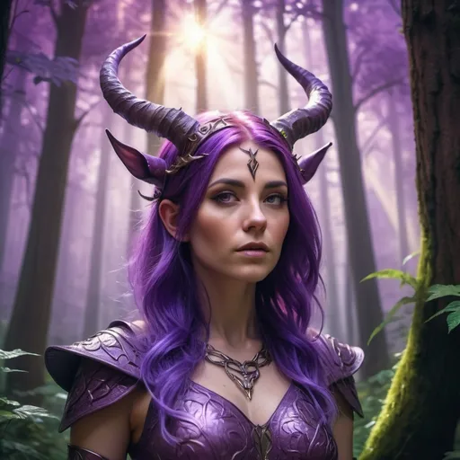 Prompt: a woman with purple hair and horns in a forest with trees and leaves, wearing a purple outfit with horns and a horned headpiece, Chris Rallis, fantasy art, epic fantasy character art, computer graphics