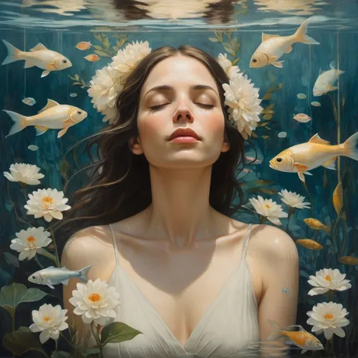 Prompt: a painting of a woman surrounded by flowers and fish in the water with her hands on her face and her eyes closed, Brad Kunkle, figurative art, highly detailed oil painting, an oil painting