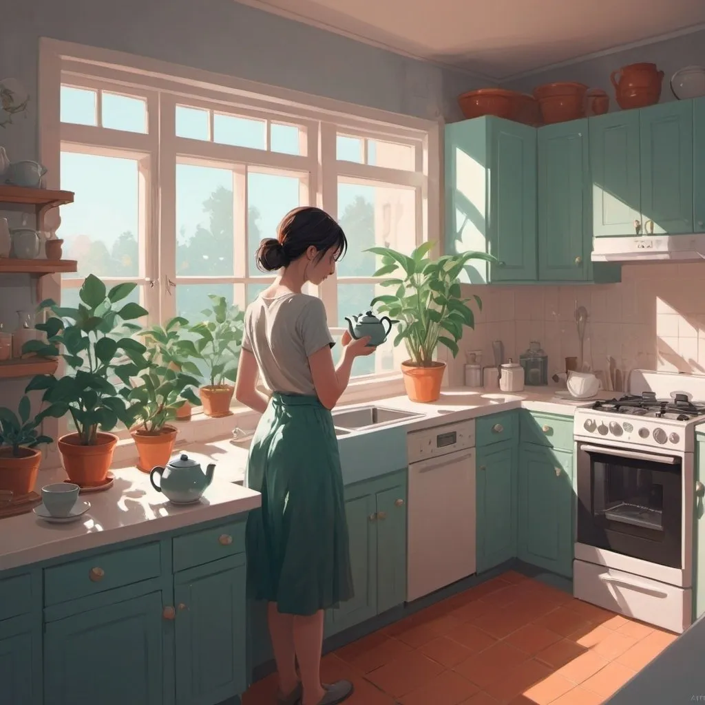 Prompt: a woman in a kitchen holding a teapot and looking at the ground with a plant in the background, Atey Ghailan, fantasy art, bright morning, a detailed drawing
