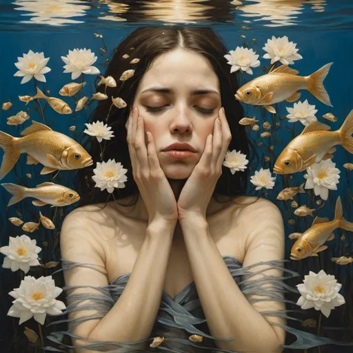 Prompt: a painting of a woman surrounded by flowers and fish in the water with her hands on her face and her eyes closed, Brad Kunkle, figurative art, highly detailed oil painting, an oil painting