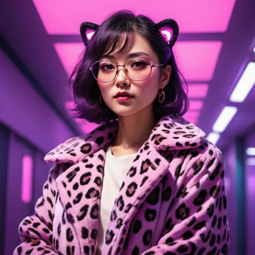 Prompt: a woman with glasses and a leopard coat on a purple background with a pink light behind her and a purple light behind her, Ayako Rokkaku, retrofuturism, synthwave, concept art