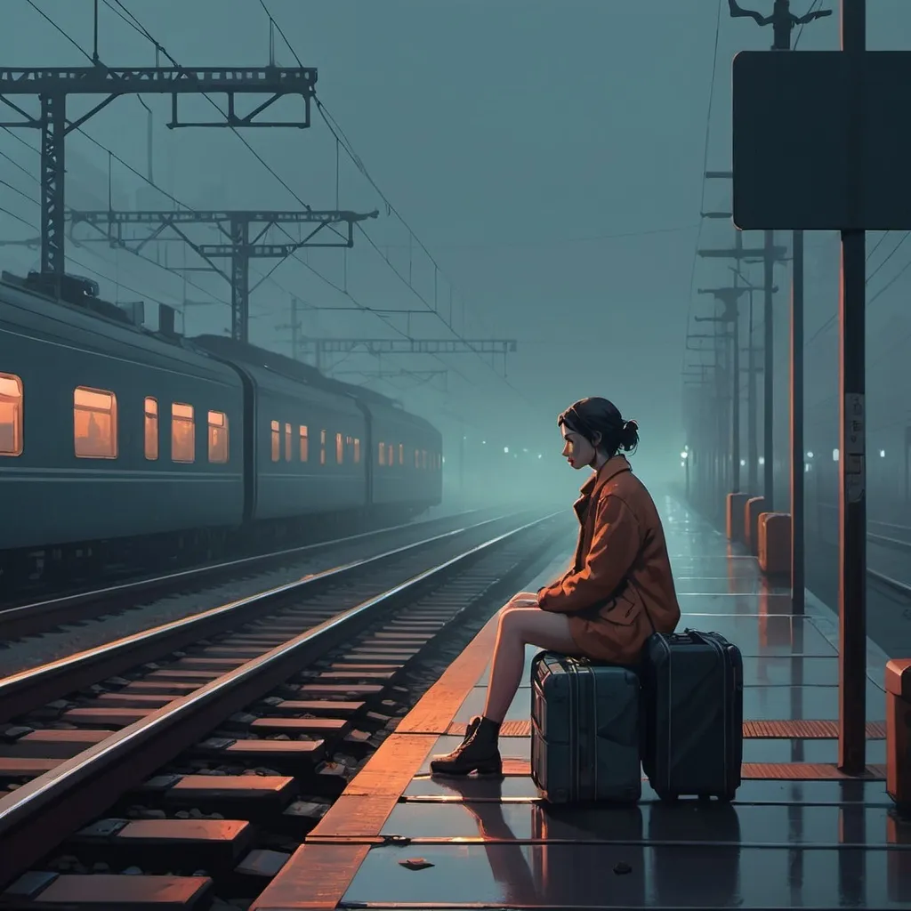 Prompt: a woman sitting on a train platform in the foggy night with her suitcase on the ground and a train crossing the tracks, Atey Ghailan, digital art, gloomy atmosphere, cyberpunk art