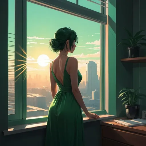 Prompt: a woman in a green dress looking out a window at the sun shining through the window blinds on her back, Atey Ghailan, aestheticism, anime art, cyberpunk art