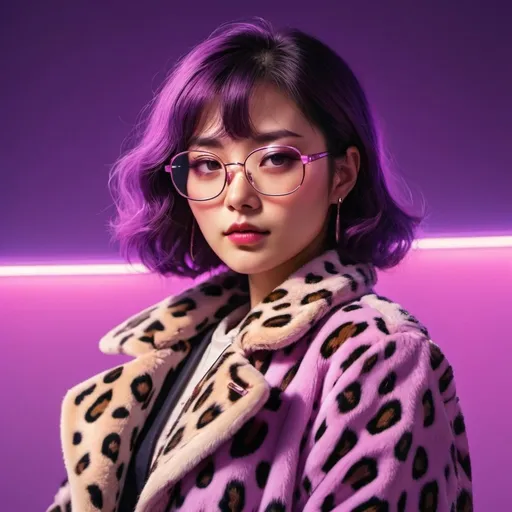 Prompt: a woman with glasses and a leopard coat on a purple background with a pink light behind her and a purple light behind her, Ayako Rokkaku, retrofuturism, synthwave, concept art