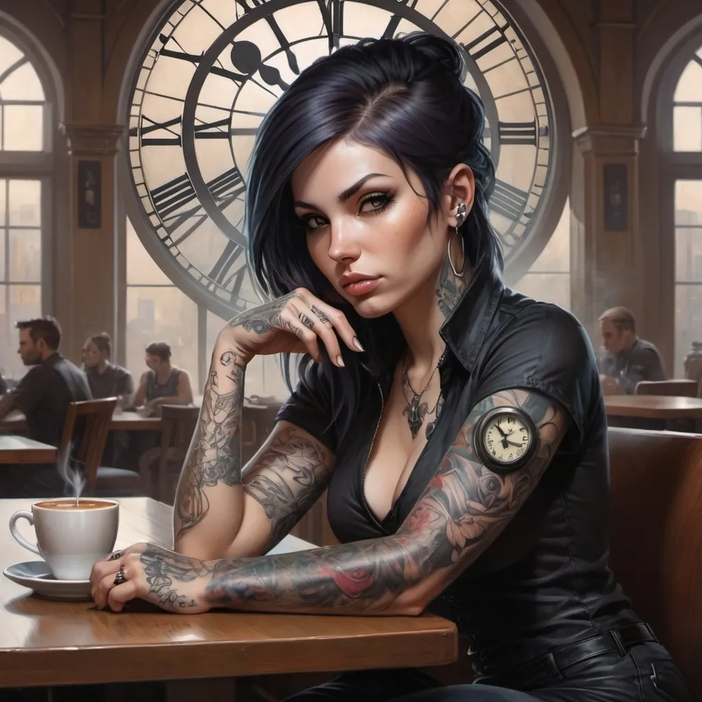 Prompt: a woman with tattoos sitting at a table with a cup of coffee in front of her and a clock on her arm, Artgerm, gothic art, stanley artgerm lau, cyberpunk art