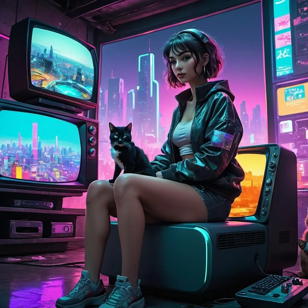 Prompt: a woman sitting on top of a tv set with a cat on her lap and a dog on her lap, Atey Ghailan, retrofuturism, anime visual, cyberpunk art