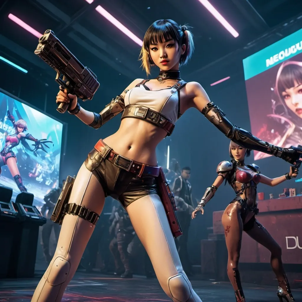 Prompt: Kestrel In in a futuristic outfit is dancing on a stage with a gun in her hand and a video game character in the background, Du Qiong, neogeo, biopunk, cyberpunk art