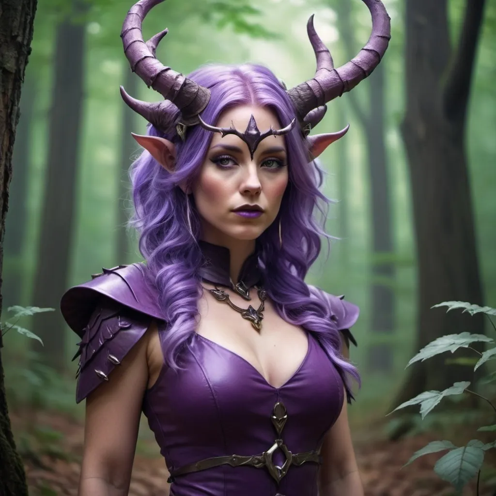 Prompt: a woman with purple hair and horns in a forest with trees and leaves, wearing a purple outfit with horns and a horned headpiece, Chris Rallis, fantasy art, epic fantasy character art, computer graphics