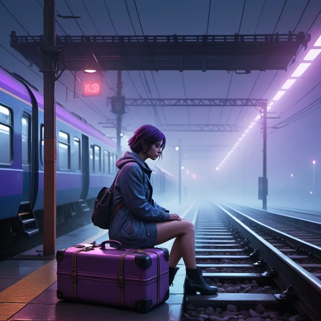 Prompt: a woman sitting on a train platform in the foggy night with her suitcase on the ground and a train crossing the tracks, Atey Ghailan, digital art, gloomy atmosphere, cyberpunk art