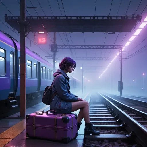 Prompt: a woman sitting on a train platform in the foggy night with her suitcase on the ground and a train crossing the tracks, Atey Ghailan, digital art, gloomy atmosphere, cyberpunk art