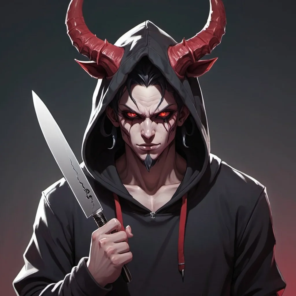 Prompt: a demonic demon with horns and a hoodie on, holding a knife in his hand and looking at the camera, Adam Manyoki, lyco art, anime art style, an anime drawing