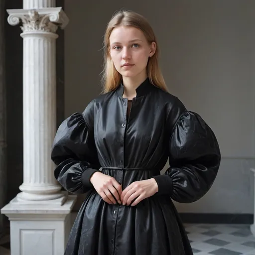 Prompt: a woman in a black open dress with a black jacket on her shoulders and a black jacket on her shoulders, Christen Købke, renaissance, fashion, a marble sculpture