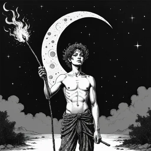 Prompt: a drawing of a man holding a stick and a fire in his hand, with stars and a crescent above, Apollonia Saintclair, fantasy art, dark fantasy art, an ink drawing