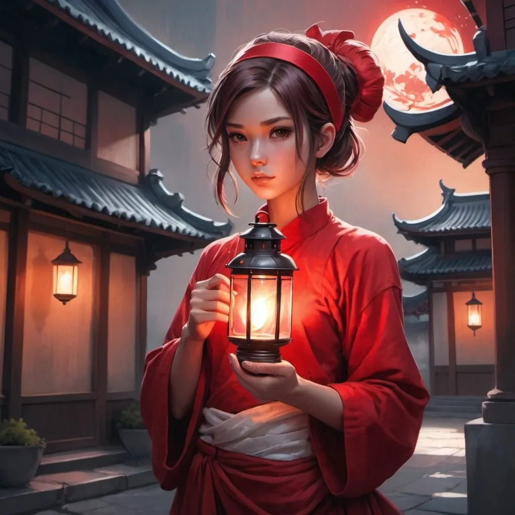 Prompt: a girl in a red headband standing in front of a building with a lantern in her hand and a lantern in her hand, Artgerm, fantasy art, anime art style, a detailed painting