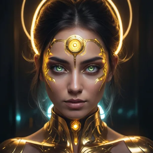 Prompt: a woman with glowing eyes and gold makeup is shown in this artistic photo by a light source for the image, Artgerm, fantasy art, luminous, cyberpunk art