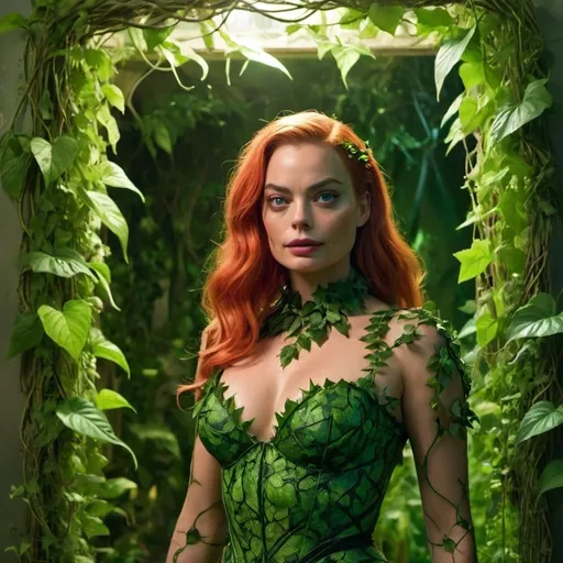 Prompt: Margot Robbie as Poison Ivy stands in a lush, overgrown garden filled with exotic plants and flowers. Dressed in an outfit made entirely of intertwined vines and leaves, her eyes shine with a mysterious green light. The environment around him is lively but also dangerous; the plants seem to respond to his every command. There's a quiet threat in his expression; Poison Ivy's dual nature as both a protector of nature and a formidable villain.
